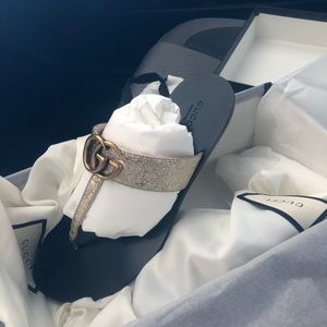 Gucci Marmont Metallic Gold Thong Sandal
